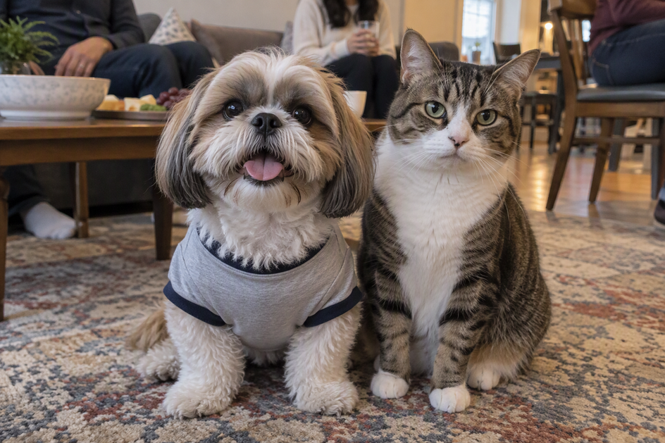 A family guest photographs a seated Shih Tzu in a simple dog shirt, with a cat nearby in the living room.
