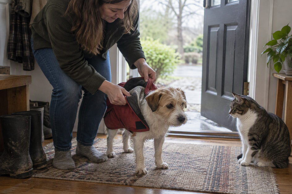 A person removes a light coat from a small dog at the doorway while a cat sits inside nearby.