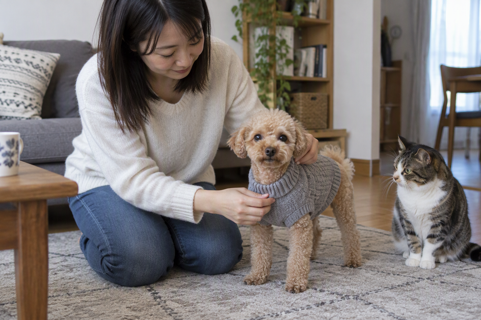 A pet owner checks how a sweater sits on a closely trimmed Toy Poodle, with a cat nearby.