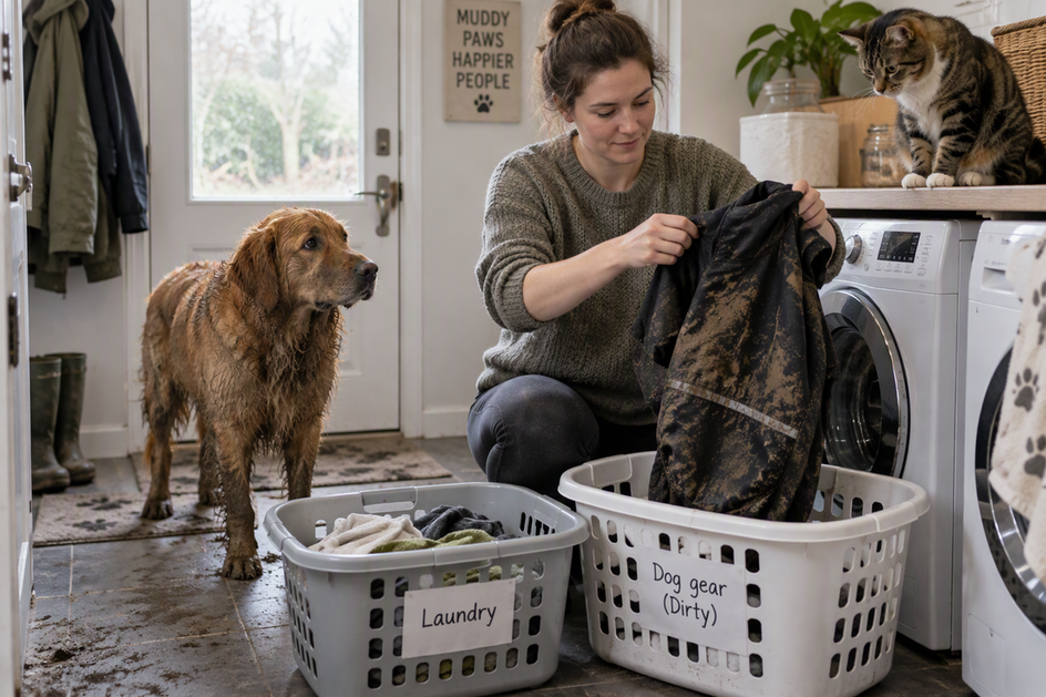 A person sorts a mud-marked dog coat into a separate laundry basket while a dog and cat stay nearby in a home laundry area.
