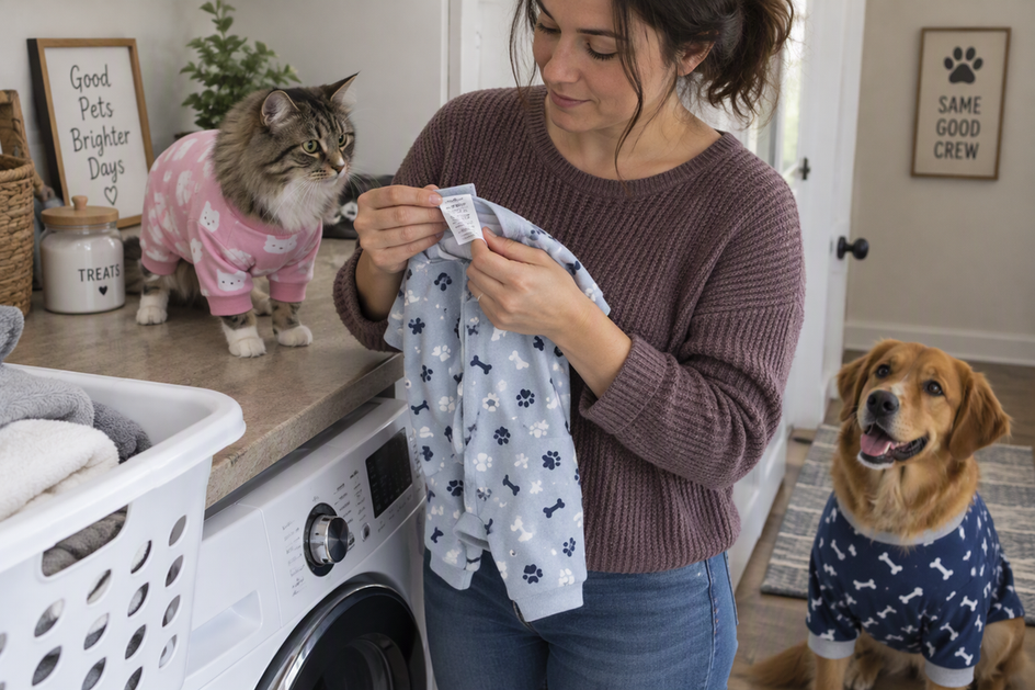A pet owner checks a pajama care tag beside a cat and dog in pet pajamas.