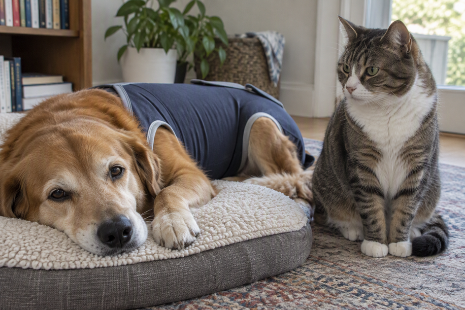 A dog wearing a recovery suit rests beside a cat at home.