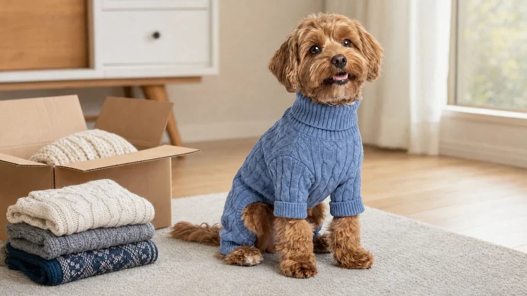 Toy Poodle in a dusty-blue cable-knit dog sweater beside folded dog clothes and a delivery box