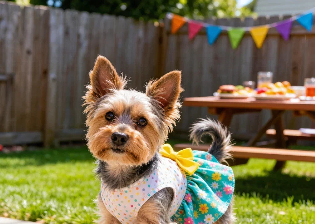 Small dog wearing a festive dog dress in a backyard for Labor Day