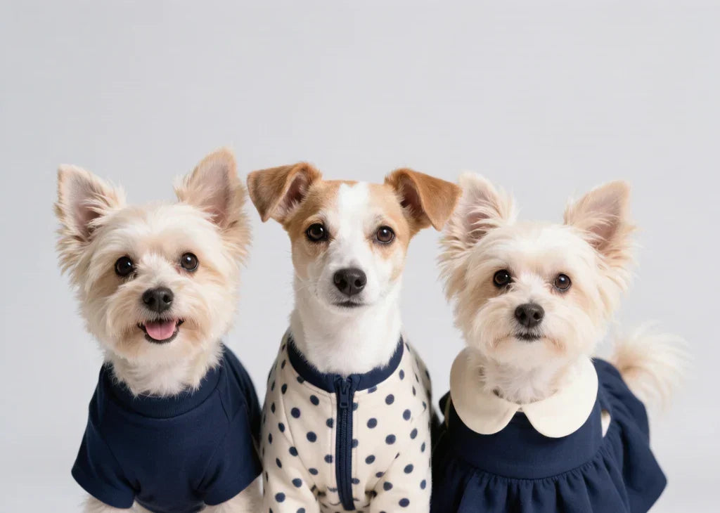 Three small dogs in a coordinated navy and cream outfit palette for National Dog Day