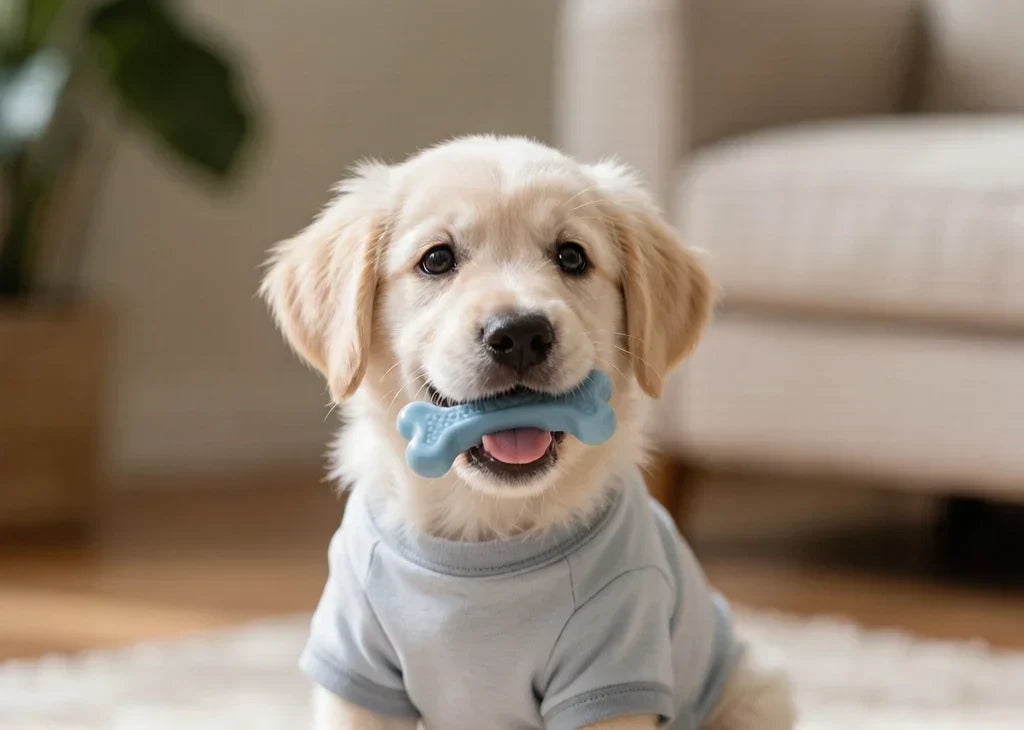 Young puppy wearing a smooth short-sleeve shirt with a safe chew toy