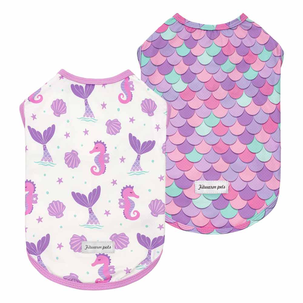 2 Pack Mermaid & Scale Dog UV Protection Shirt - Two dog shirts with mermaid and scale patterns. Purple, pink, and teal colors.