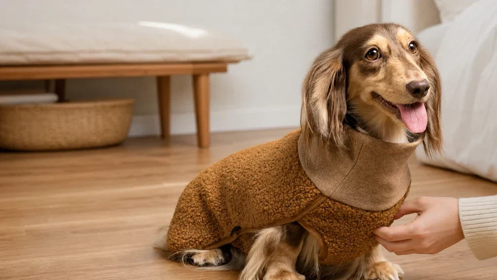 Long-haired Dachshund in a light-brown sherpa turtleneck sweater during an at-home fit check