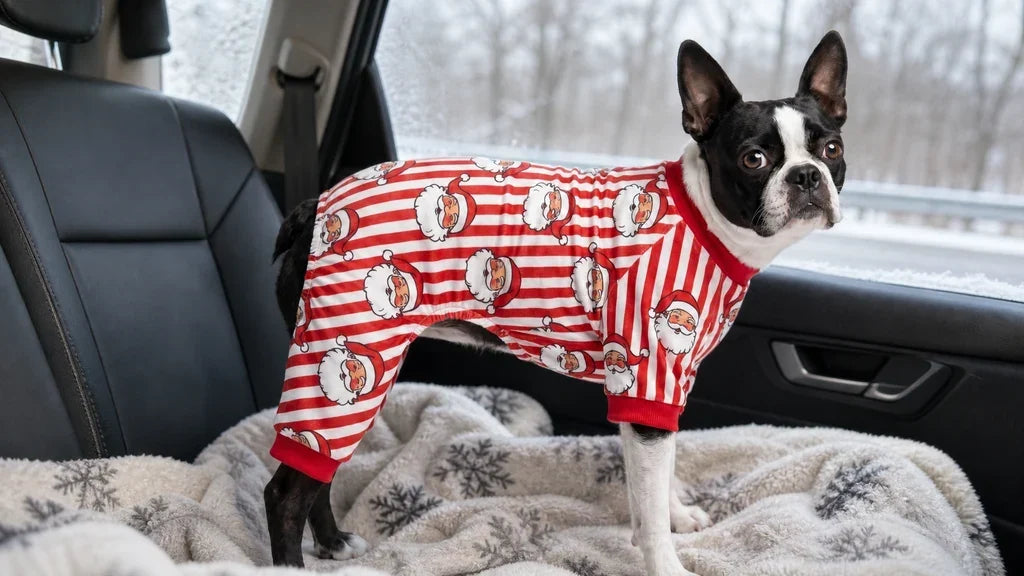 Boston Terrier in red striped Santa-print pajamas resting on a car back seat during a holiday trip