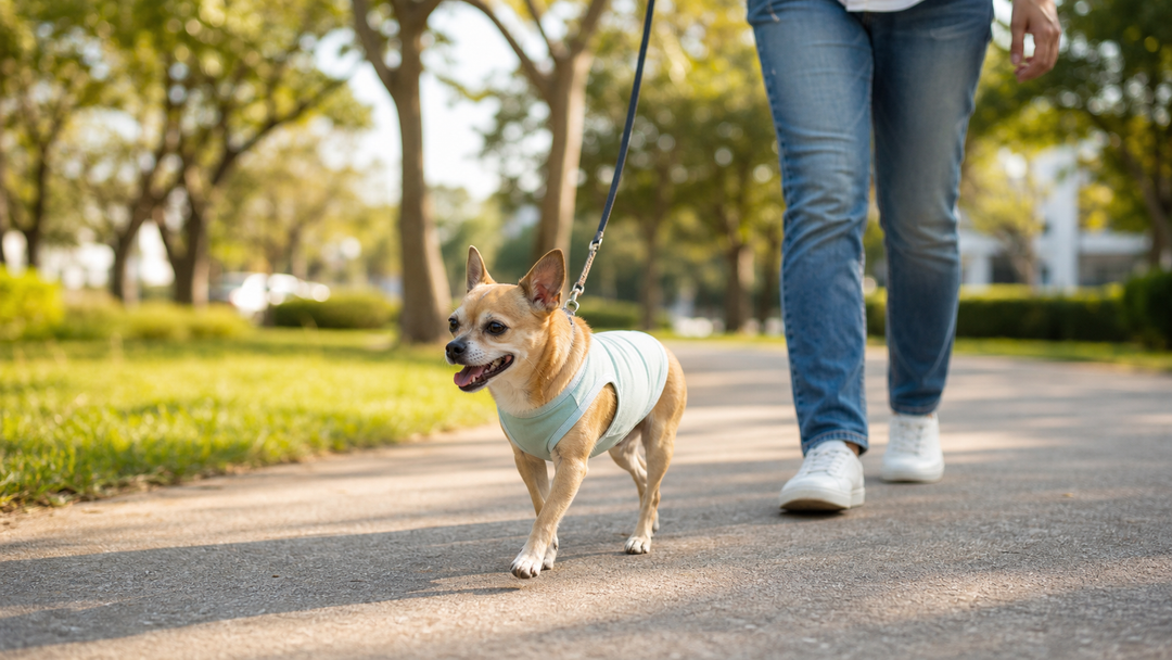 Small dog wearing a lightweight sleeveless shirt walking outdoors with its owner in soft sunlight.