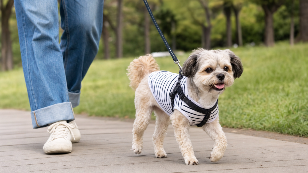 Small dog wearing a striped T-shirt and harness walking with its owner in a peaceful park.