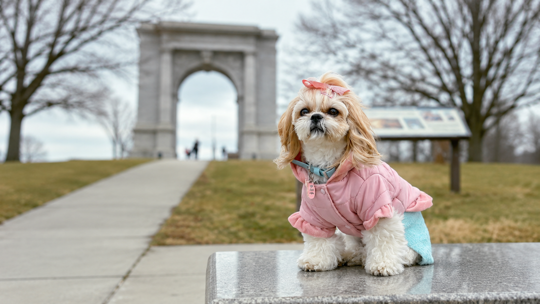A Shih Tzu dog wearing a pink padded jacket and a bow accessory, posed outdoors on a stone surface with a softly blurred background featuring an arch structure and winter-like scenery, giving a warm lifestyle pet photography feel.