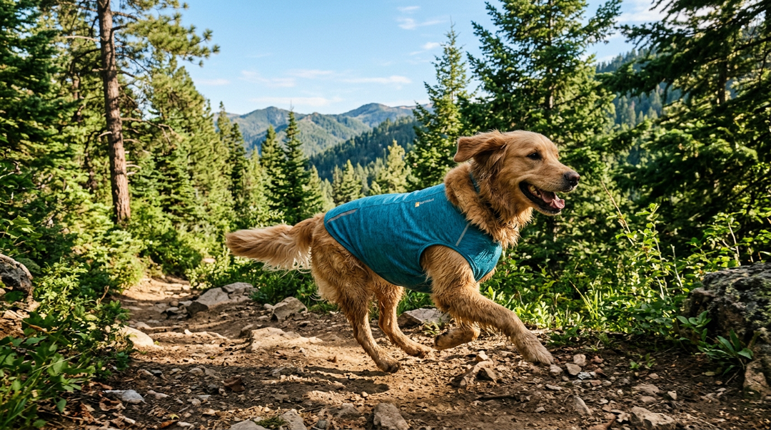 Golden retriever wearing dog sun protection shirt on mountain hiking trail