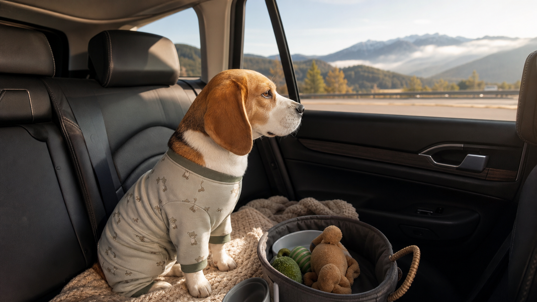 Beagle wearing soft dog pajamas sitting on the back seat of an SUV during a sunny road trip.
