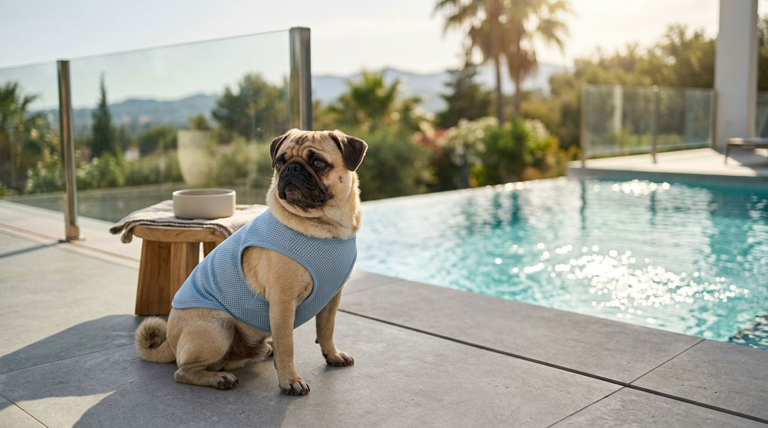 Fawn pug wearing a blue Pug Cooling Vest sits relaxed by a sunny outdoor pool