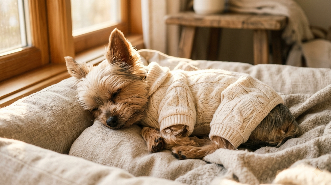 A Yorkshire Terrier sleeps soundly in a cozy bed wearing a knit dog sweater near the window.