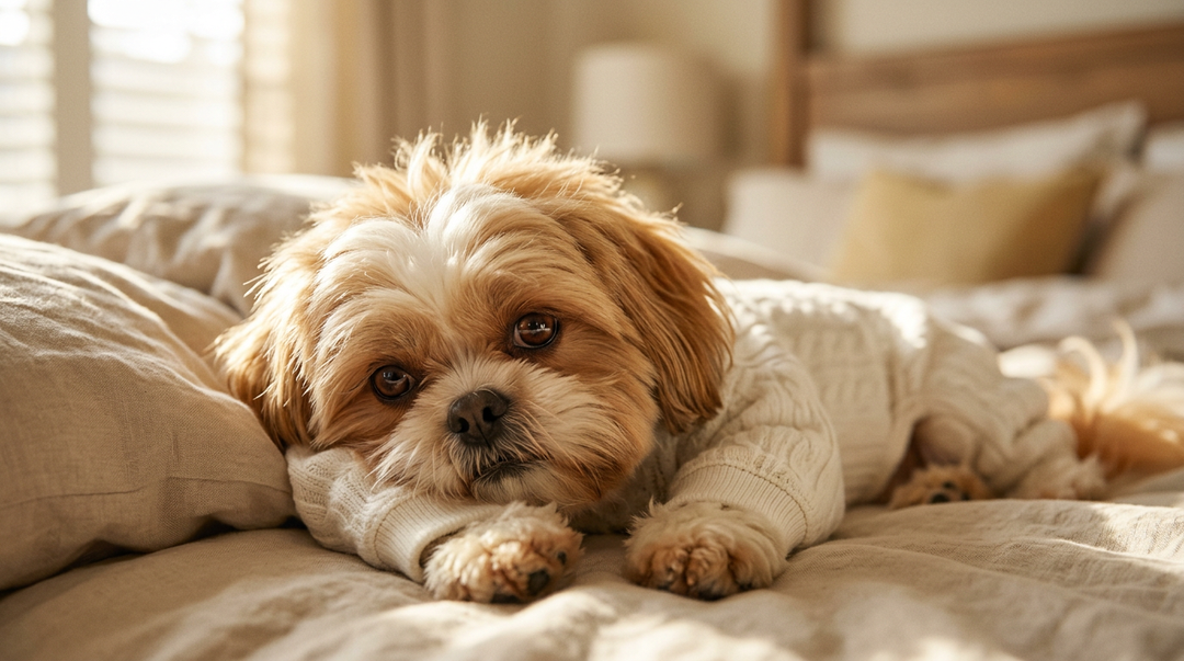 A Shih Tzu wearing a cream-white cotton onesie pajama lies on the bed, quietly looking at the camera.