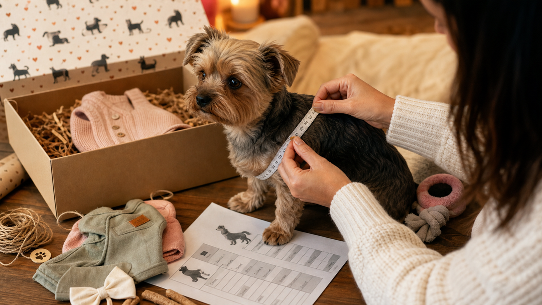 Fitwarm dog clothing gift box with a small dog being measured beside pet outfits and size chart.