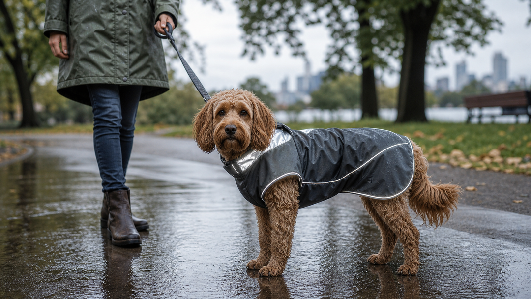 Dog wearing a reflective rain coat on a wet park path after rainfall.