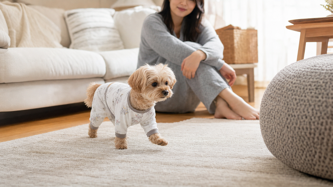 Tiny dog wearing a well-fitted pajama outfit walking across a bright home interior.