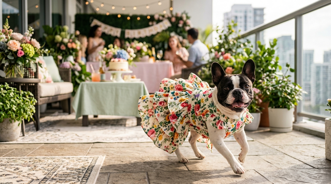 French Bulldog wearing a floral dog dress runs on a balcony during a dog birthday celebration.