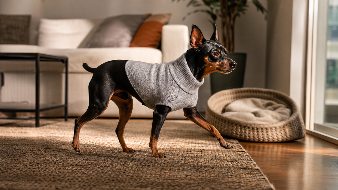 Miniature Pinscher wearing a close-fitting knit sweater moving through a sunny modern living room.