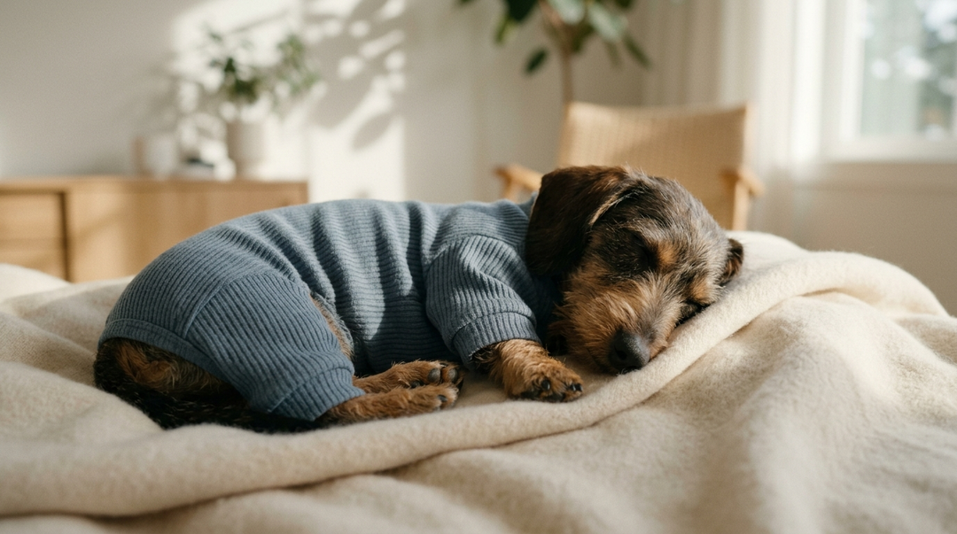 Small wire-haired dachshund sleeping soundly on a white blanket wearing blue dog pajamas