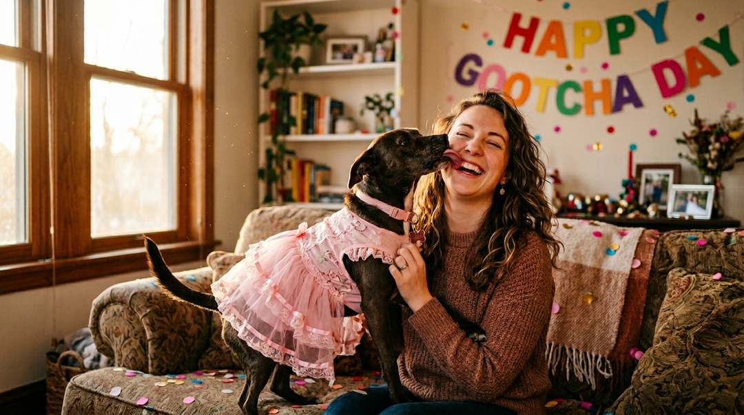 A brown dog wearing a pink layered tiered dress, licking its owner's face on a couch decorated with colorful confetti and a "Happy Gotcha Day" banner on the wall.