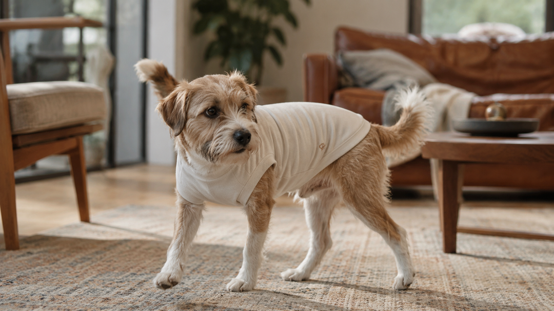 Dog wearing a fitted cream dog shirt standing alert in a cozy living room with sofa and soft lighting.