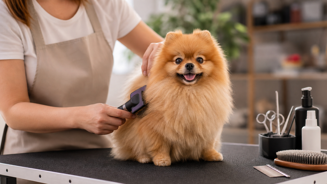 Fluffy Pomeranian sitting on a grooming table while its owner gently brushes its coat.