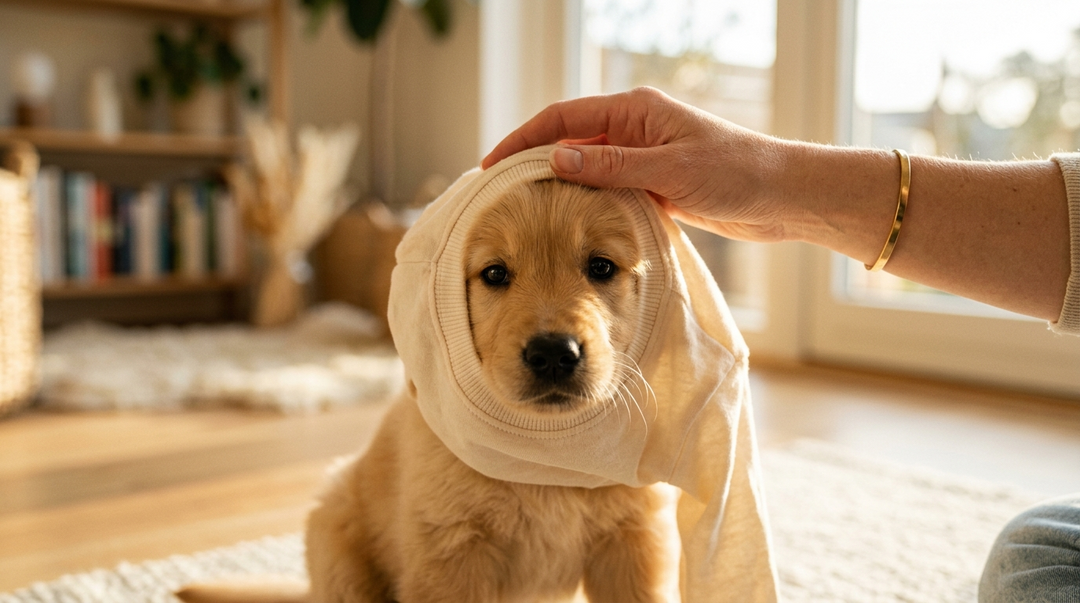 A person puts cream dog clothing over the head of a golden retriever puppy indoors.