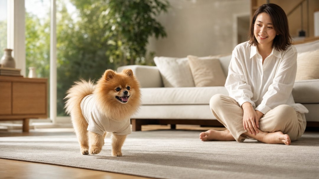 Fluffy Pomeranian wearing a lightweight dog shirt walking across a sunny modern living room.