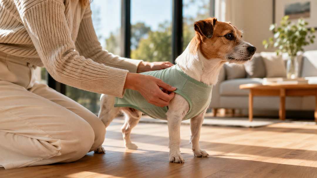 Person adjusting a sage green dog shirt on a small dog indoors, showing fit around the chest and front legs.