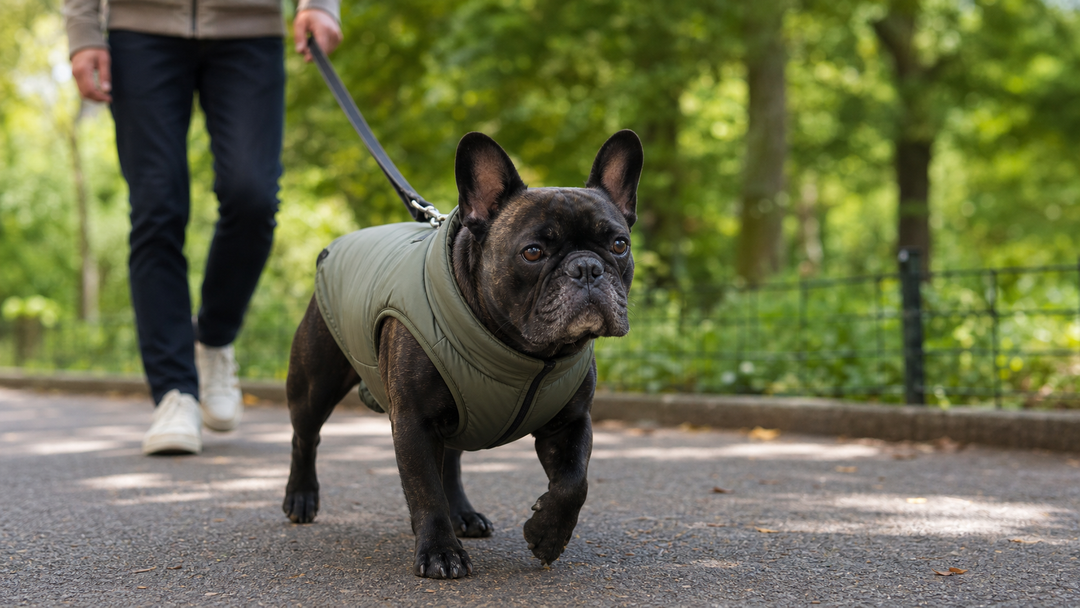 Adult French Bulldog wearing a lightweight jacket during an outdoor walk with its owner.