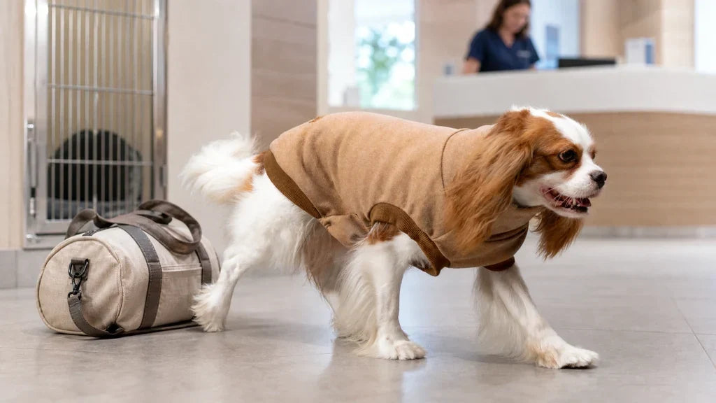 Cavalier King Charles Spaniel in a camel fleece turtleneck beside an overnight bag at a boarding reception