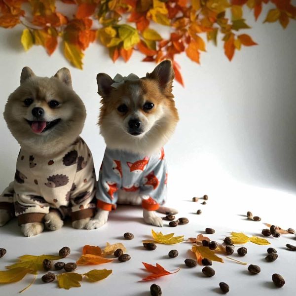 Two small dogs in autumn-themed pajamas posing with fall leaves.