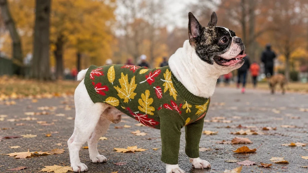 French Bulldog in an olive maple-leaf knit sweater on a park path at a Thanksgiving Turkey Trot