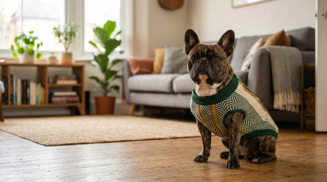 Brindle French Bulldog sitting comfortably in a stylish green knit sweater designed with a wide neck for broad-chested dog breeds.