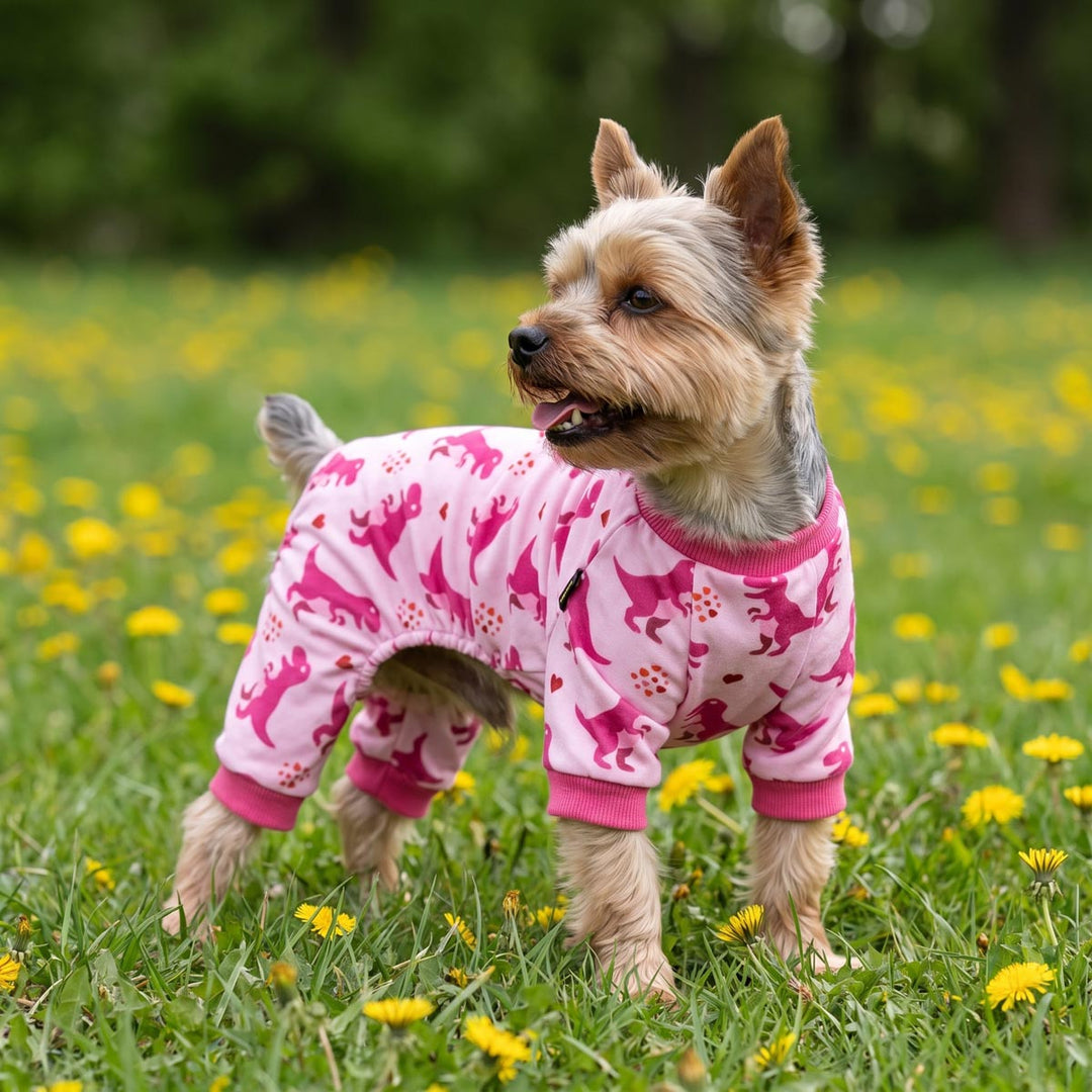 Yorkie standing on a grass with a pink dog onesie with all over dinosaur prints