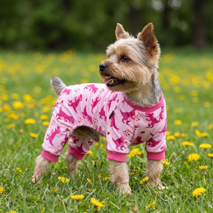 Yorkie standing on a grass with a pink dog onesie with all over dinosaur prints