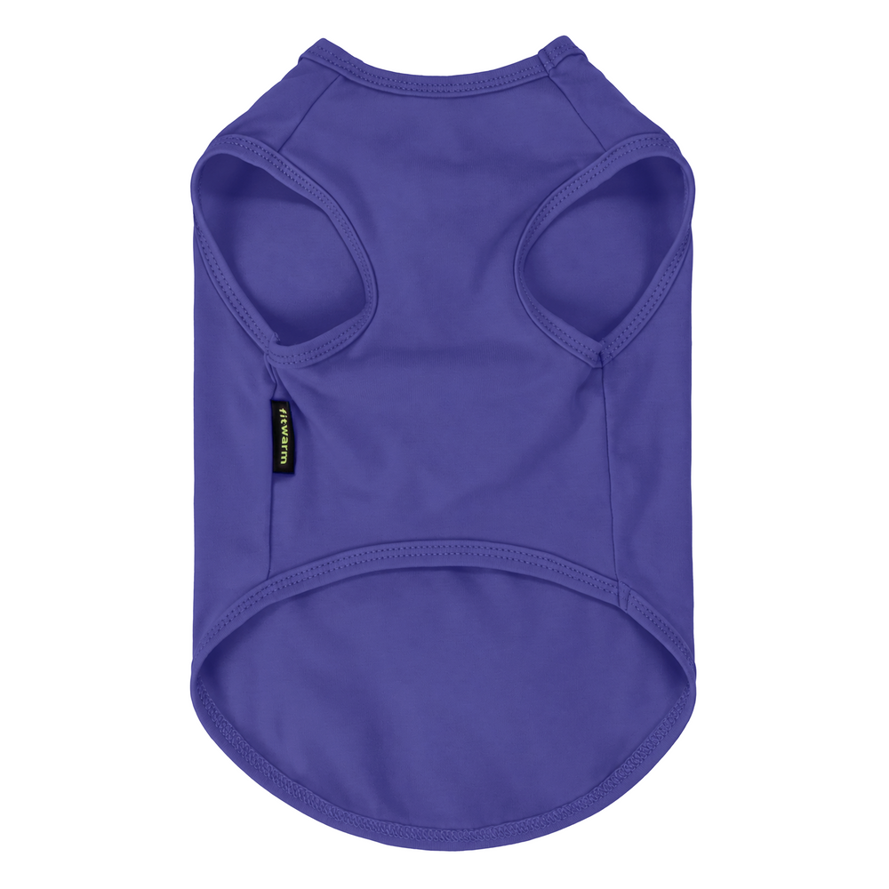 Purple shirt for dog shown from the back,  set against a plain white background