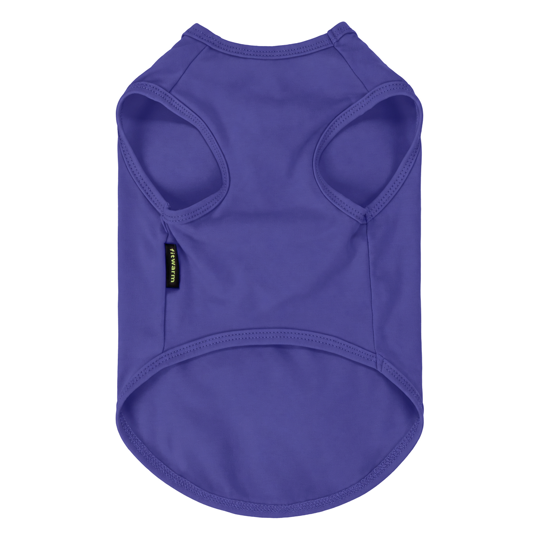 Purple shirt for dog shown from the back,  set against a plain white background