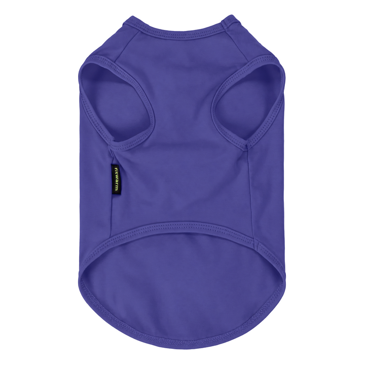 Purple shirt for dog shown from the back,  set against a plain white background