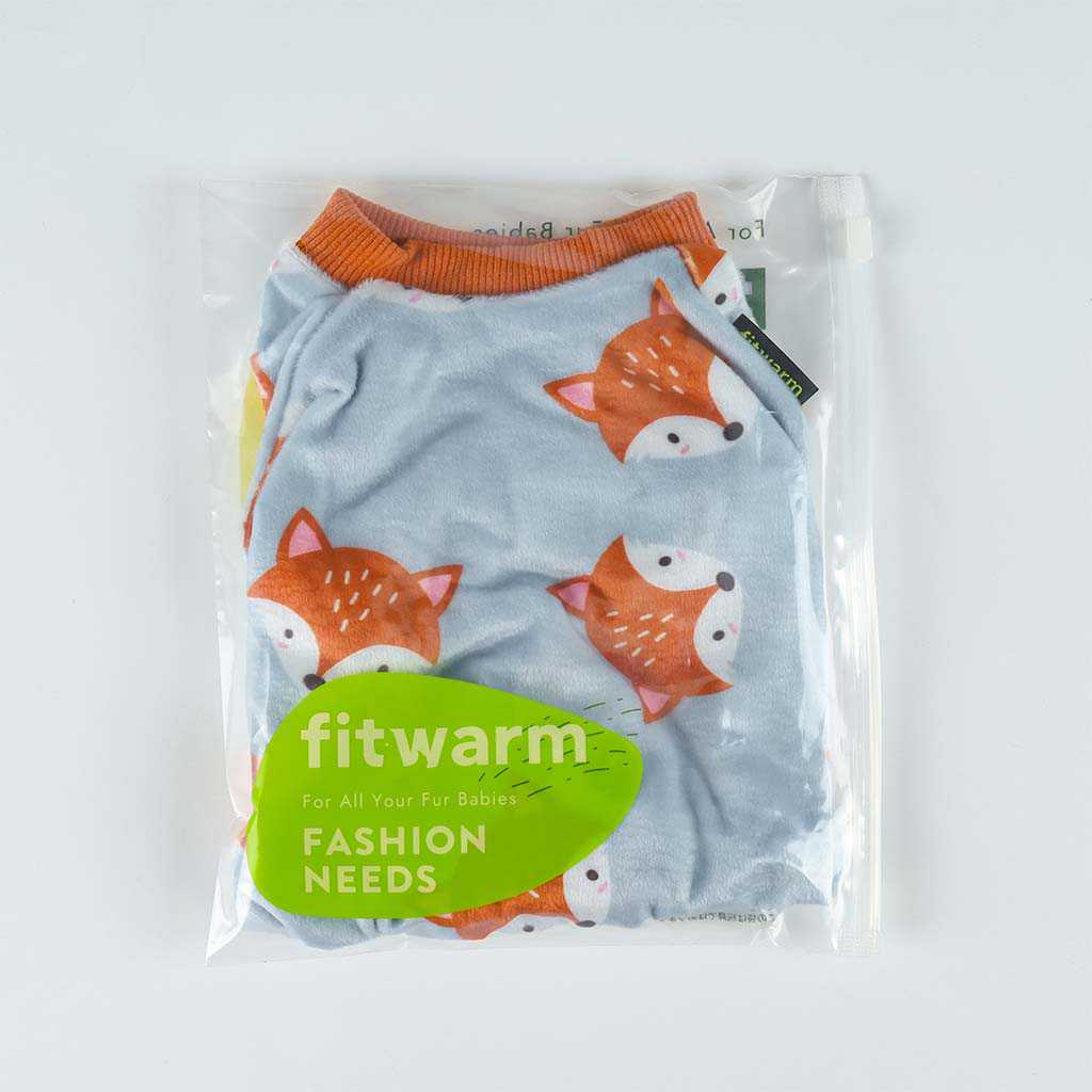 Light Blue Dog Pajamas with Fox Pattern - Fitwarm Dog Clothes
