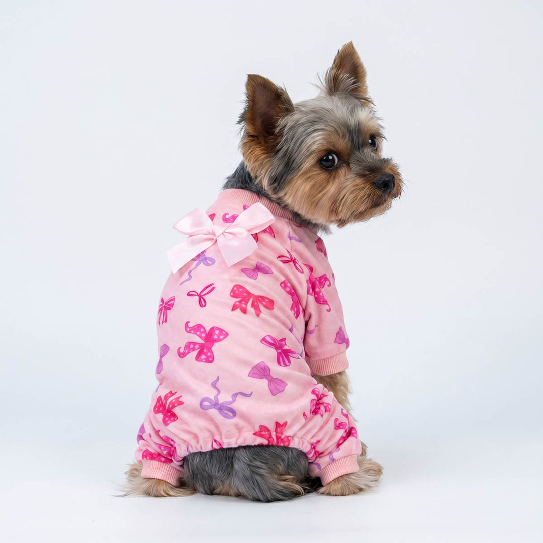 Yorkie looks back with a bowknot pajamas for dogs