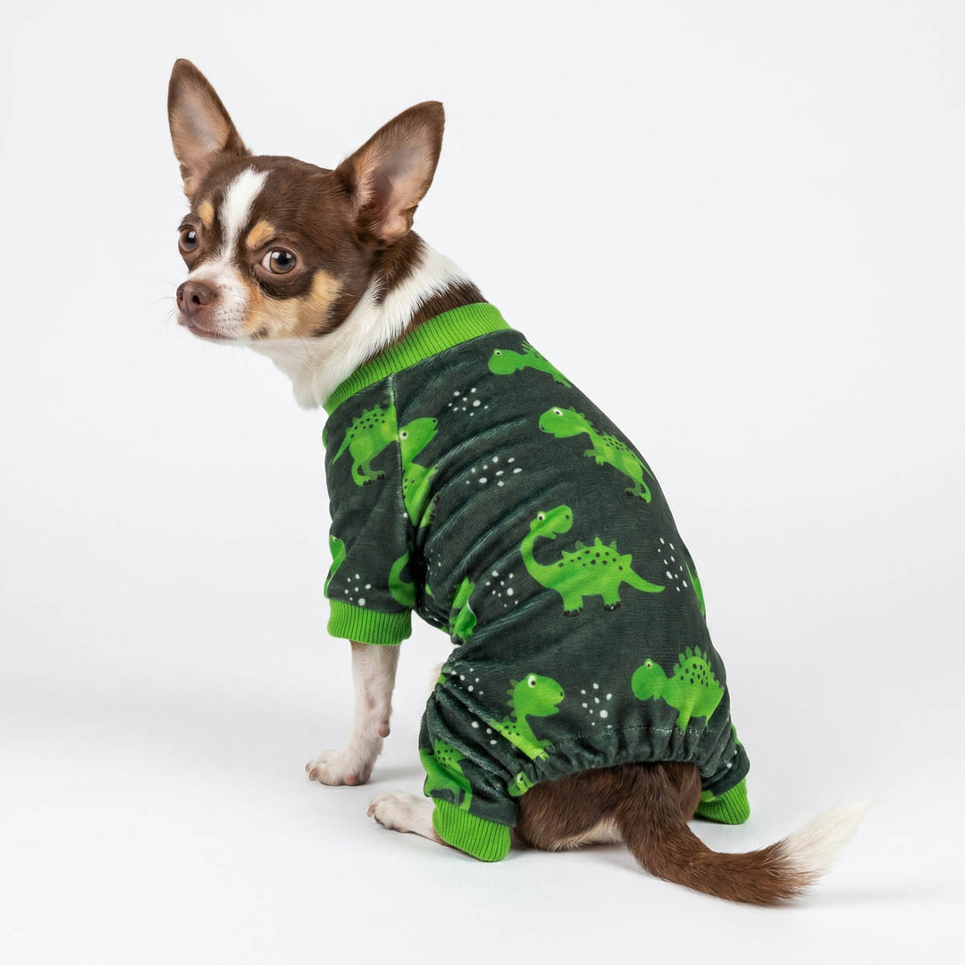 Gray dinosaur print dog pajamas with round neck, pull-on design, and cuffed sleeves