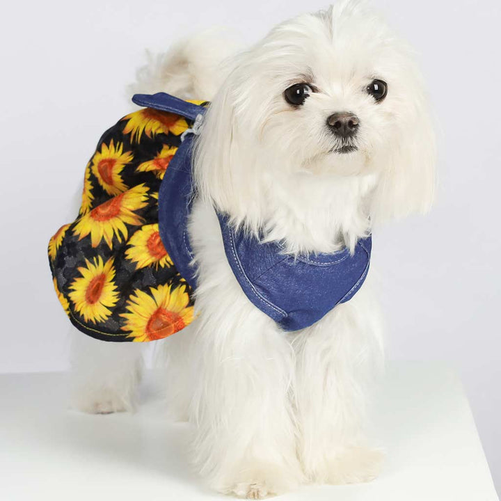 Maltese in a Sunflower Dress with Denim Shirt - Fitwarm Dog Clothes