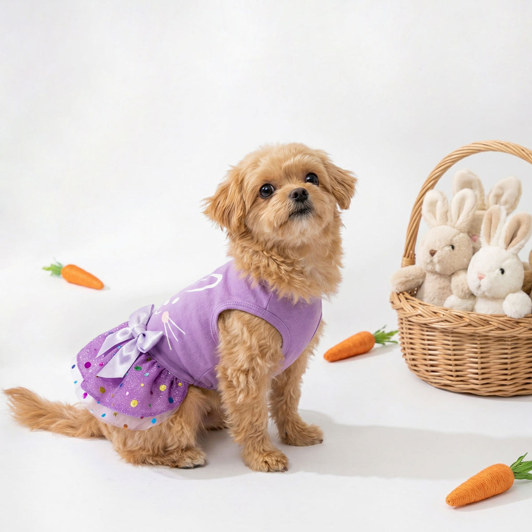 Small dog wearing a purple Easter dog tutu with a basket of toys and carrots on a white background