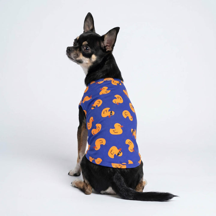 Back view of Chihuahua in a funny duck prints dog tank top