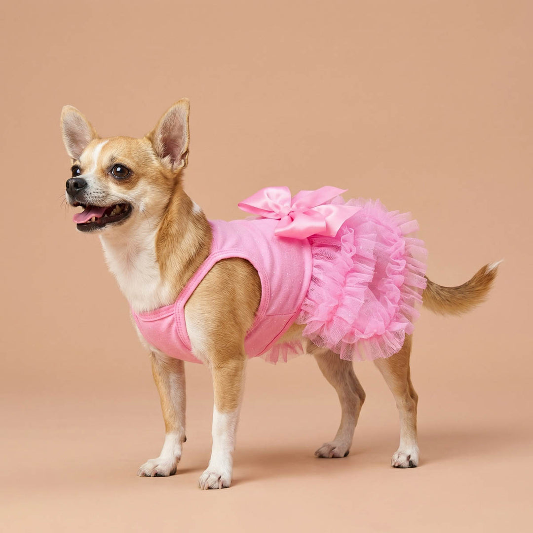 Dog wearing a pink dog tutu dress on a beige background
